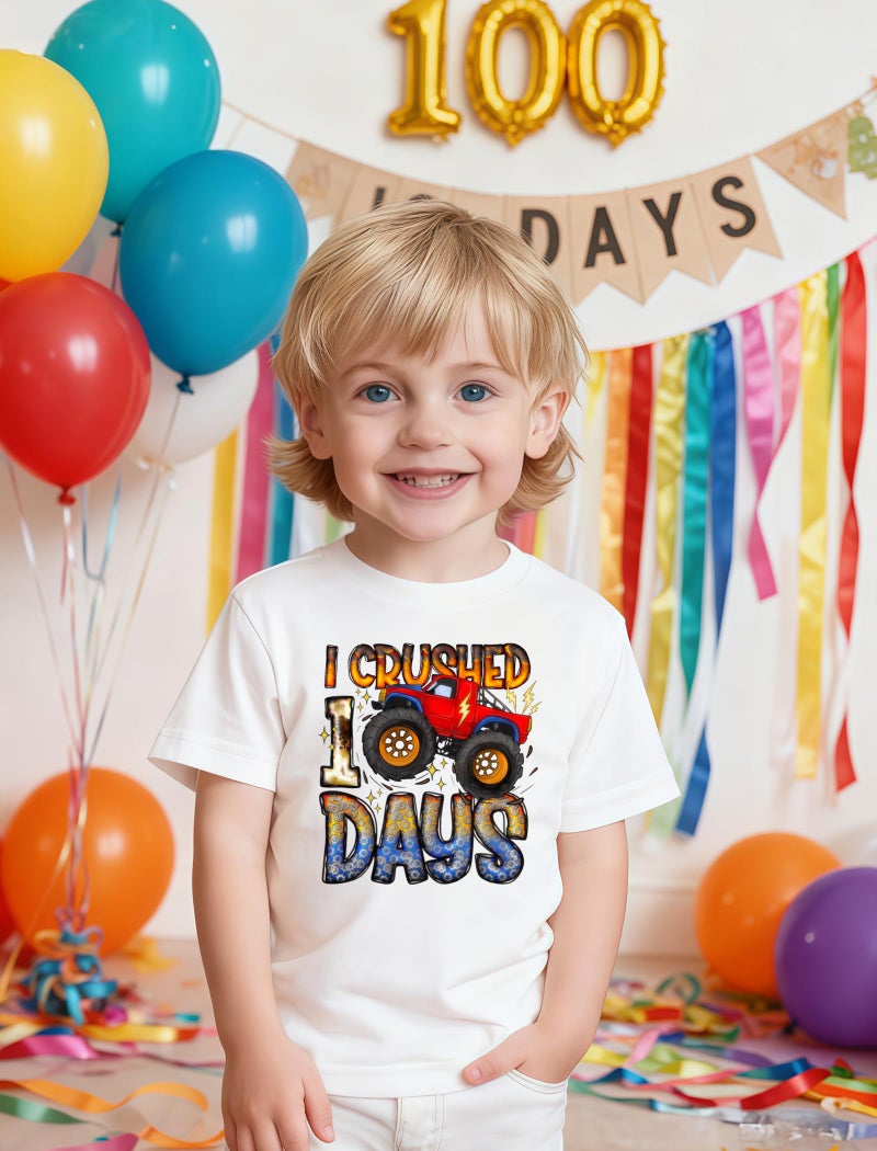 YWAGK 100 Days of School Shirt Boys Kids I Crushed 100th Day of School T-Shirt Toddler Cute Monster Truck Tops Black (6-7 Years) - Image 4
