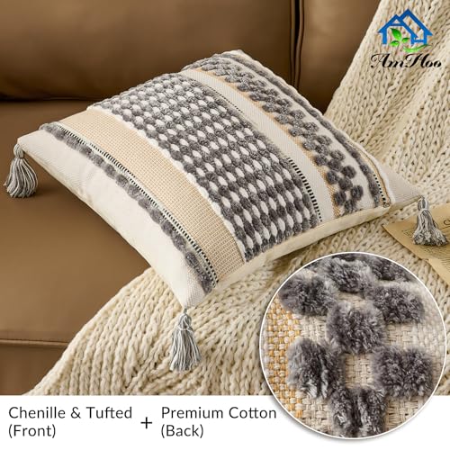 AmHoo Chenille Striped Textured Boho Throw Pillow Covers Aesthetic with Tassels Woven Decorative Pillow Case for Couch Bed Sofa Bedroom Modern Funky 18 x 18Inch Grey White - Image 3