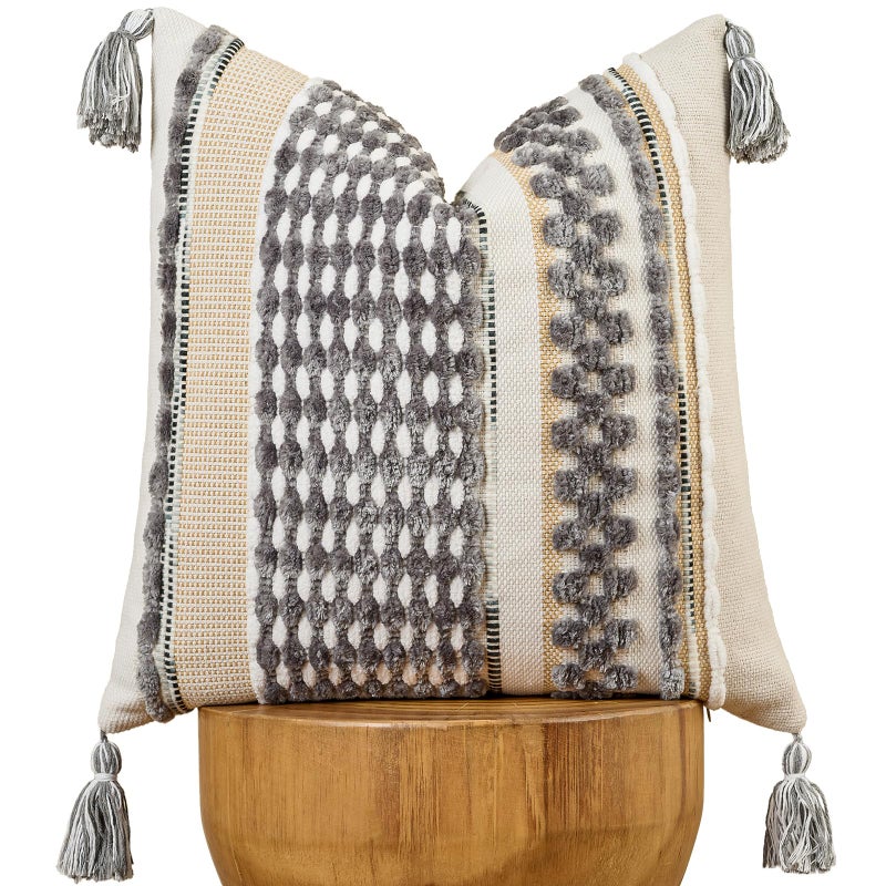 AmHoo Chenille Striped Textured Boho Throw Pillow Covers Aesthetic with Tassels Woven Decorative Pillow Case for Couch Bed Sofa Bedroom Modern Funky 18 x 18Inch Grey White - Image 2