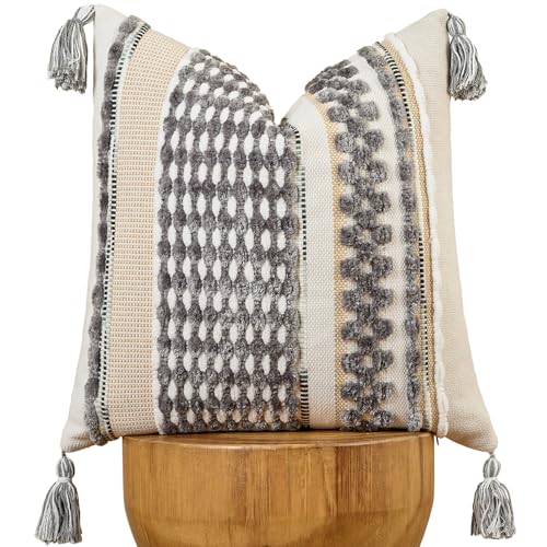 AmHoo Chenille Striped Textured Boho Throw Pillow Covers Aesthetic with Tassels Woven Decorative Pillow Case for Couch Bed Sofa Bedroom Modern Funky 18 x 18Inch Grey White - Image 1