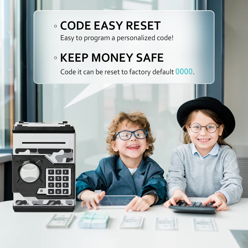 Vcertcpl ATM Piggy Bank for Boys Girls Vcertcpl Mini ATM Coin Bank Money Saving Box with Password Kids Safe Money Jar for Adults with Auto Grab Bill Slot Great Gift Toy Bank for KidsCamouflage Gray - Image 3
