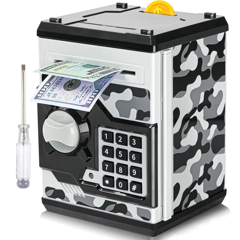 Vcertcpl ATM Piggy Bank for Boys Girls Vcertcpl Mini ATM Coin Bank Money Saving Box with Password Kids Safe Money Jar for Adults with Auto Grab Bill Slot Great Gift Toy Bank for KidsCamouflage Gray - Image 2