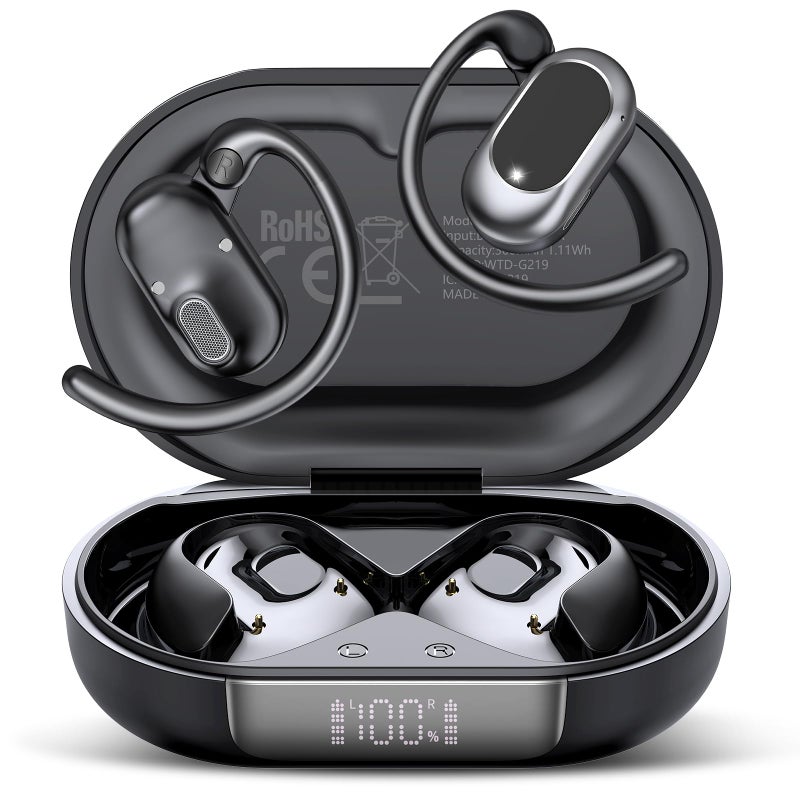 STECEi Open Ear Headphones, Bluetooth 5.4 Earphones 36H Playtime Air Conduction Headphones with Mic, Adjustable Earhook Earbuds with ENC Clear Calls/LED Display, IPX7 Waterproof Open Ear Earbuds Black - Image 1