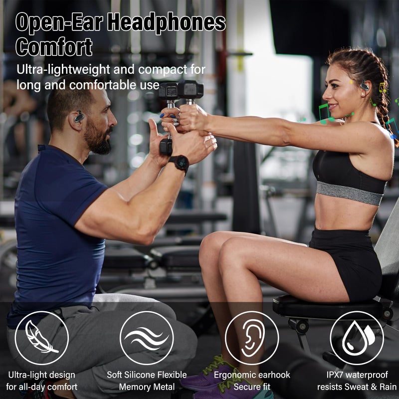 STECEi Open Ear Headphones, Bluetooth 5.4 Earphones 36H Playtime Air Conduction Headphones with Mic, Adjustable Earhook Earbuds with ENC Clear Calls/LED Display, IPX7 Waterproof Open Ear Earbuds Black - Image 2