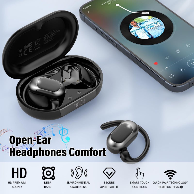 STECEi Open Ear Headphones, Bluetooth 5.4 Earphones 36H Playtime Air Conduction Headphones with Mic, Adjustable Earhook Earbuds with ENC Clear Calls/LED Display, IPX7 Waterproof Open Ear Earbuds Black - Image 5