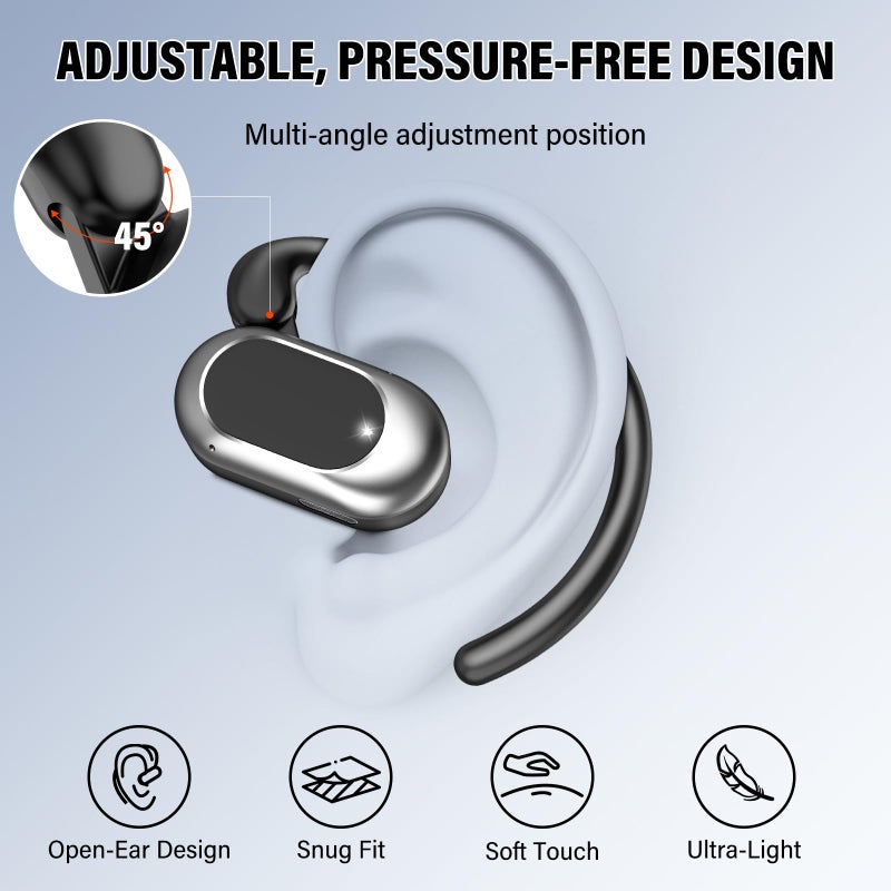 STECEi Open Ear Headphones, Bluetooth 5.4 Earphones 36H Playtime Air Conduction Headphones with Mic, Adjustable Earhook Earbuds with ENC Clear Calls/LED Display, IPX7 Waterproof Open Ear Earbuds Black - Image 3