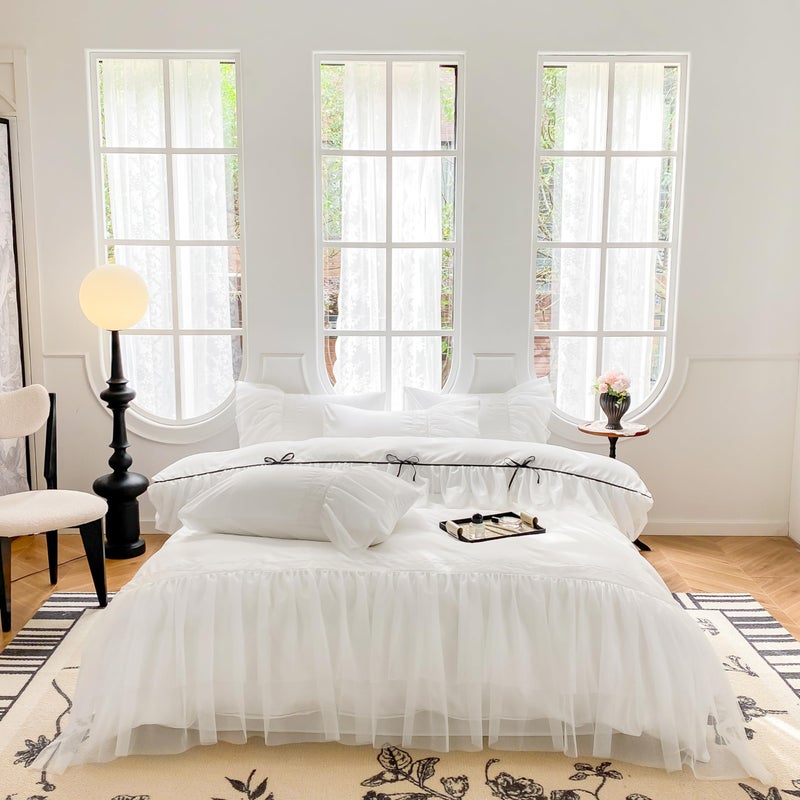 SOUKECHY Lace Ruffled Duvet Cover Set, White Chic Princess Bedding with Cute Bow, Twin Size, 100% Polyester, Lightweight, Zipper Closure - Image 1