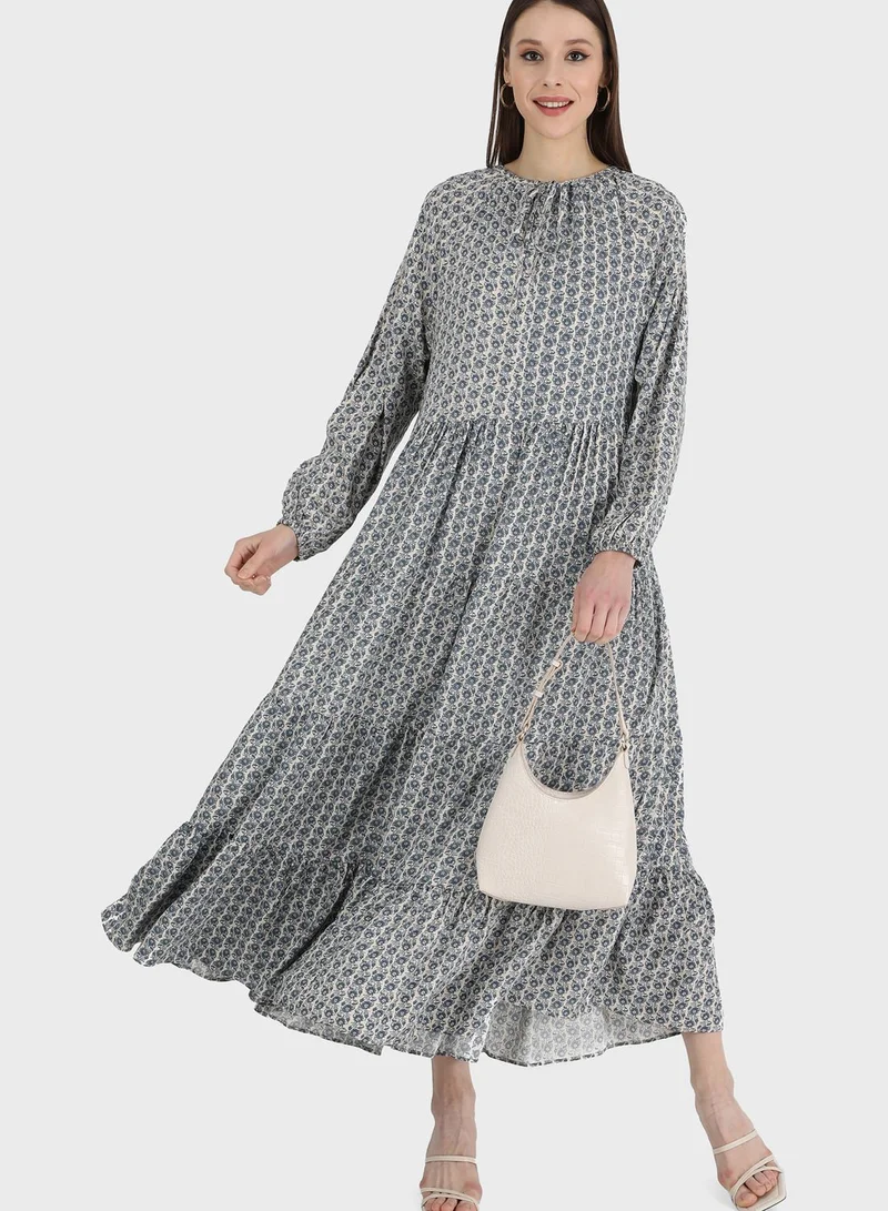Refka by modanisa Tie Neck Printed Tiered Dress