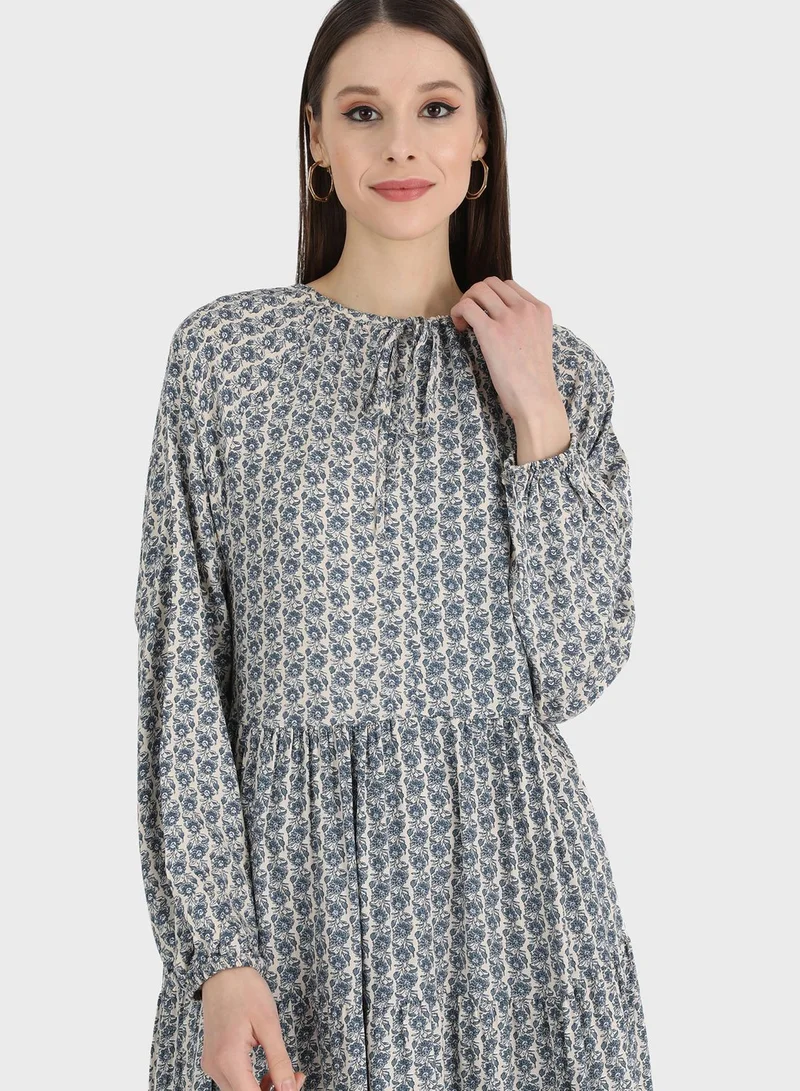 Refka by modanisa Tie Neck Printed Tiered Dress