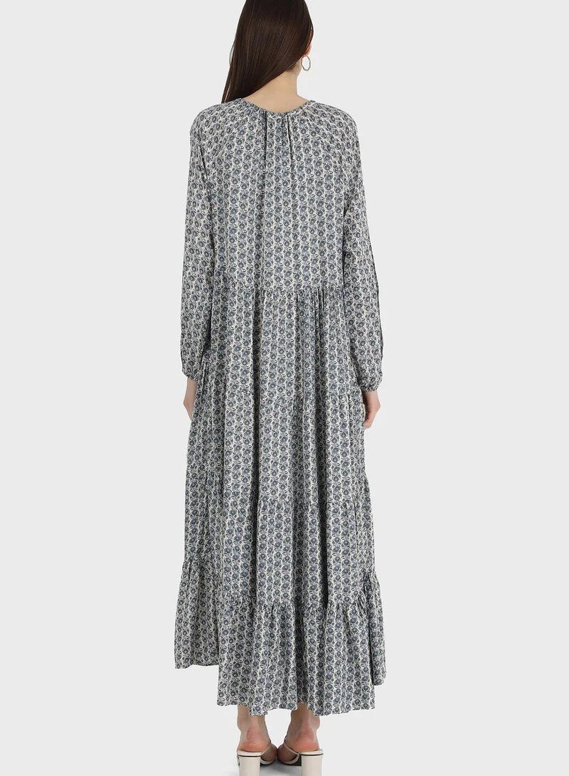 Refka by modanisa Tie Neck Printed Tiered Dress