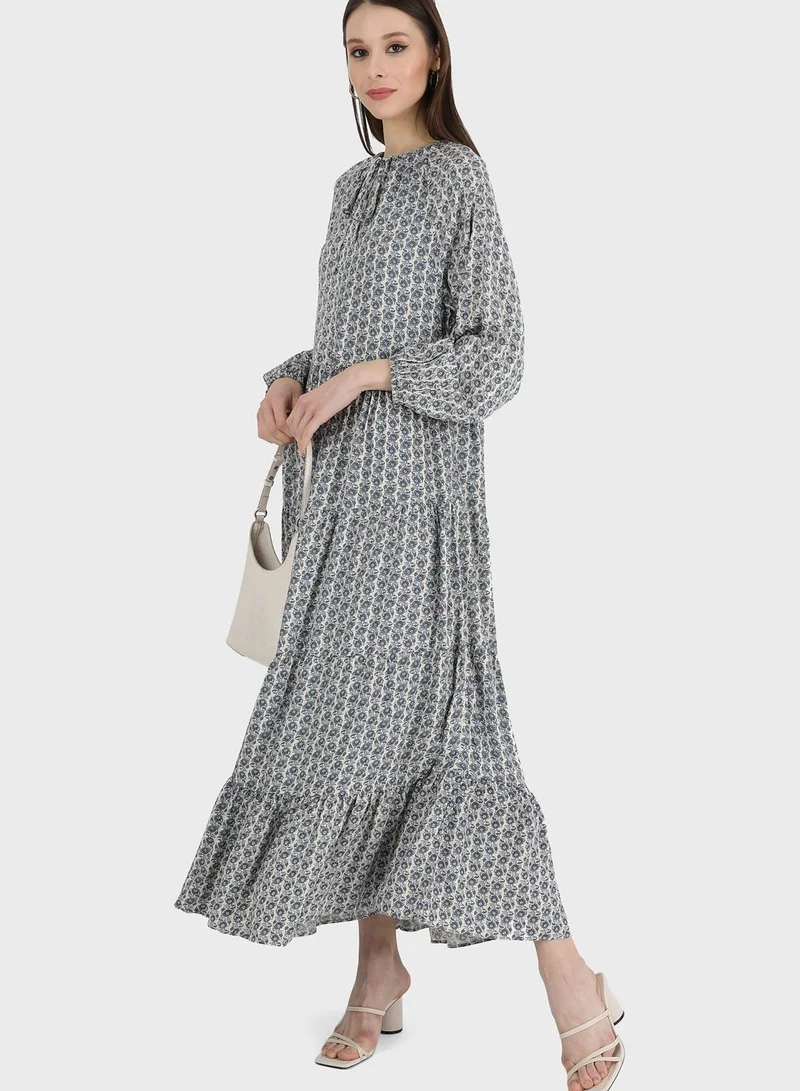 Refka by modanisa Tie Neck Printed Tiered Dress