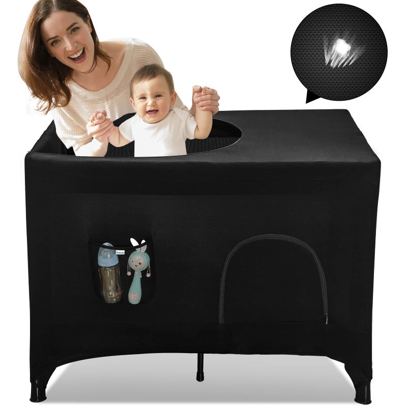 غطاء حديقة الأطفال الأسود Pack N Play Hiaksedt غطاء قبة السرير لحديقة الأطفال غطاء خيمة مظلمة قابلة للتنفس للسفر سرير محمول غطاء شبكي مرن للعب الداخلي والخارجي