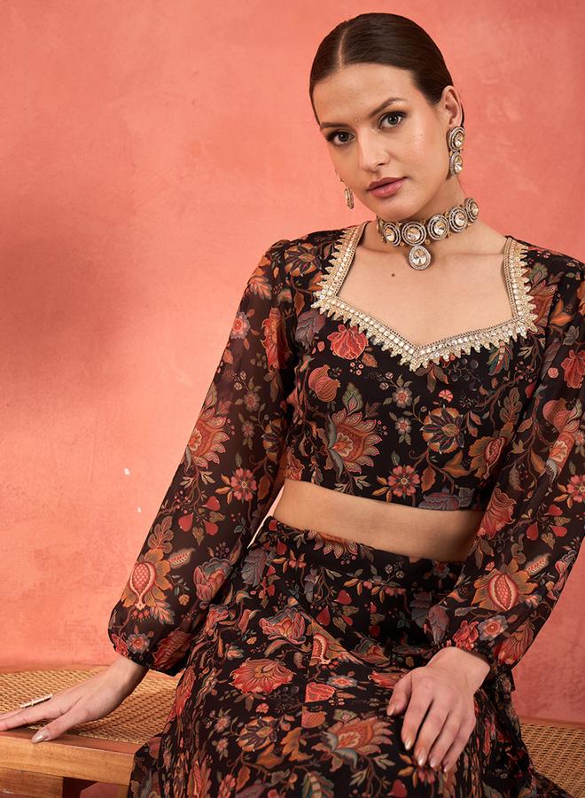SASSAFRAS Floral Sweetheart Neck Crop Top and Anarkali Skirt Co-Ords - Image 2