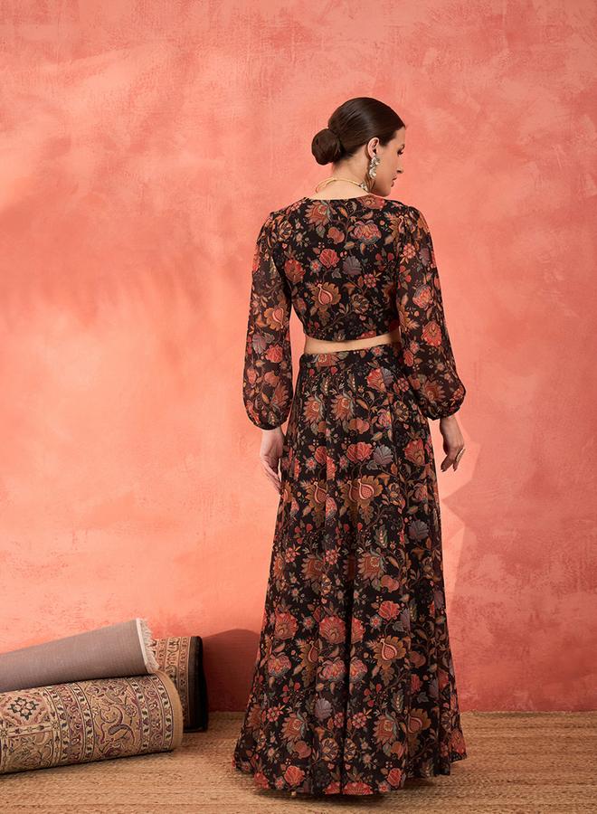 SASSAFRAS Floral Sweetheart Neck Crop Top and Anarkali Skirt Co-Ords - Image 5