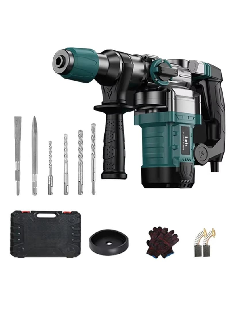 EzzySo Electric Hammer Drill, Vibration Control and Safety Clutch, 2200W Heavy Duty, Including 3 Drill Bits, Flat Chisels, Point Chisels, 360°Rotating Handle, with Carrying Case - Image 1