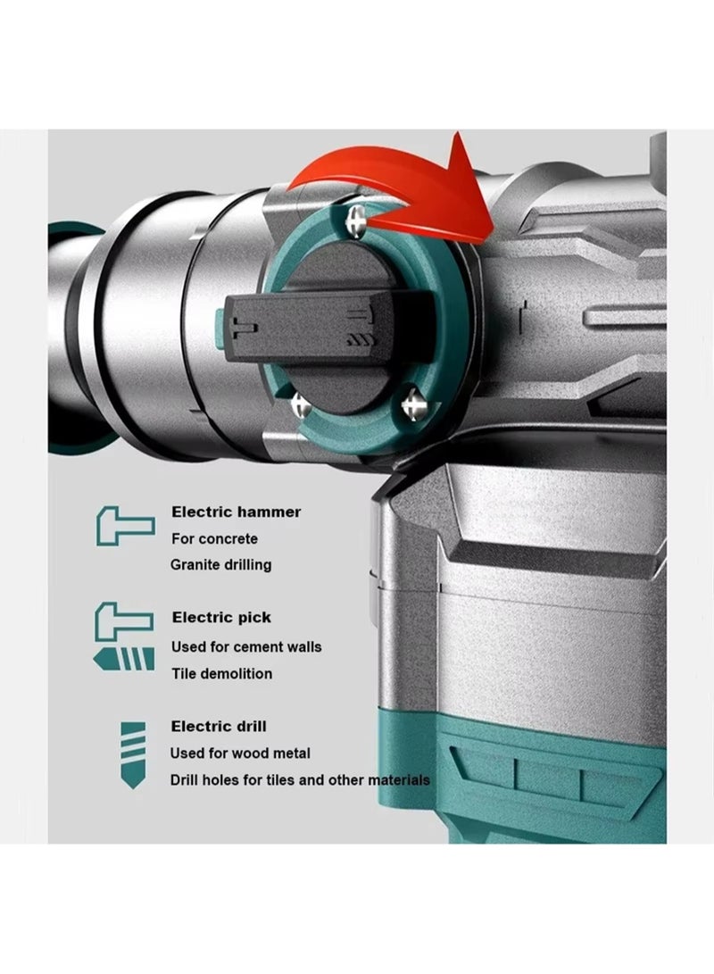 EzzySo Electric Hammer Drill, Vibration Control and Safety Clutch, 2200W Heavy Duty, Including 3 Drill Bits, Flat Chisels, Point Chisels, 360°Rotating Handle, with Carrying Case - Image 4