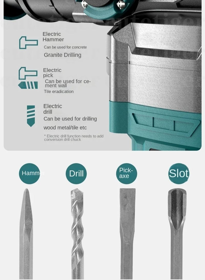 EzzySo Electric Hammer Drill, Vibration Control and Safety Clutch, 2200W Heavy Duty, Including 3 Drill Bits, Flat Chisels, Point Chisels, 360°Rotating Handle, with Carrying Case - Image 5