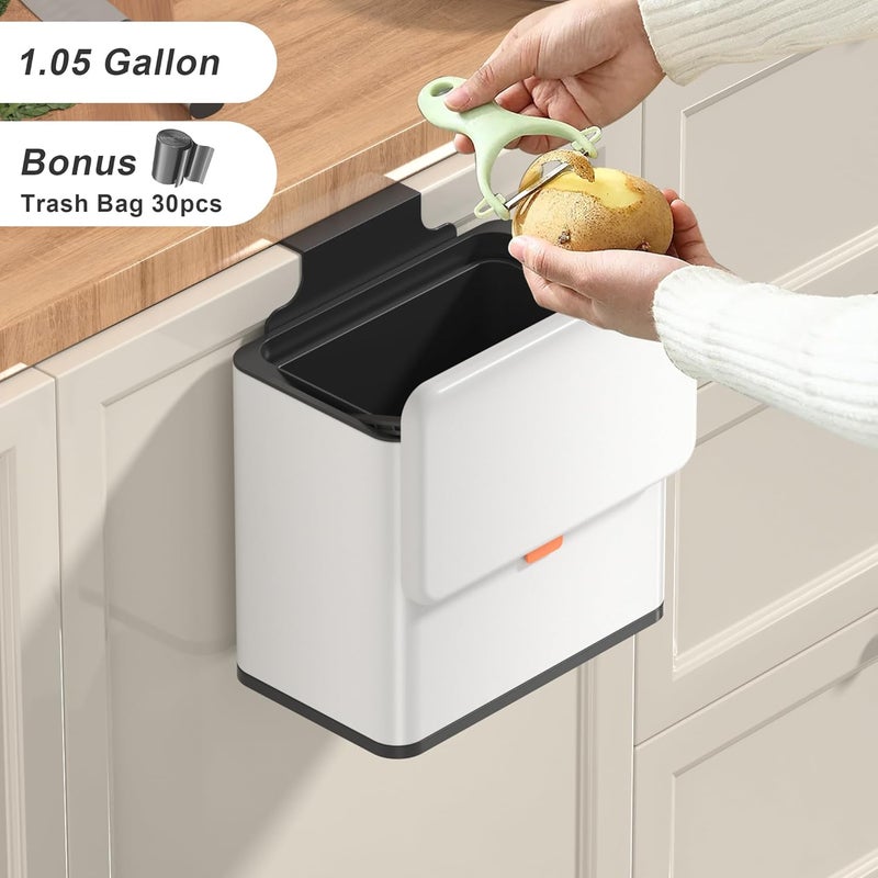 Mbillion Kitchen Compost Bin Hanging Trash Can with Lid 1.05 Gallon Stainless Steel Garbage Can for Kitchen Cabinet Door Mounted Trash Can Under Sink Door RV Bathroom,White - Image 2