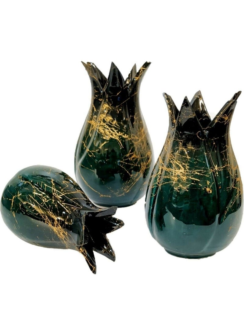 EGE - A an Emerald Green 3-Piece Tile Tulip Vase Set Kütahya Tile Marble Tulip Vase Set - Image 1