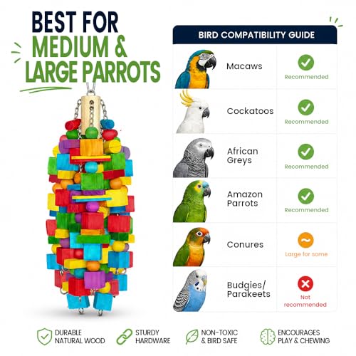 Zephyriel Large Bird Toy, 20 in XL Parrot Toys Natural Wood Blocks Bird Chew Toy for Foraging, Stainless Steel Chain Hanging Cage Toy for Macaws, Cockatoos, African Greys and Large Parrots-1.65 lb - Image 5