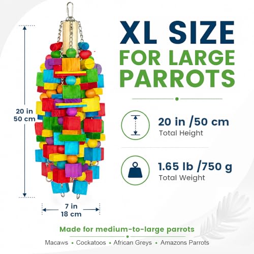 Zephyriel Large Bird Toy, 20 in XL Parrot Toys Natural Wood Blocks Bird Chew Toy for Foraging, Stainless Steel Chain Hanging Cage Toy for Macaws, Cockatoos, African Greys and Large Parrots-1.65 lb - Image 3