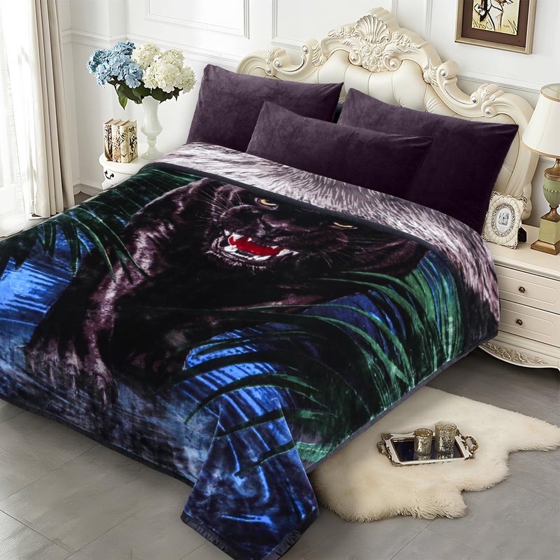 JYK Soft Fleece Bed Blanket King Size 5.7 LB, Korean Style 2 Ply Reversible Fluffy Flannel Blanket Microfiber, Warm Cozy Blanket for Autumn, Winter 83x91 Inches - Black Panther/Lion - Image 1