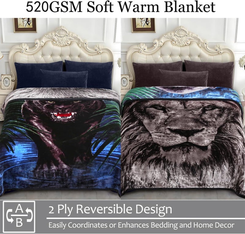 JYK Soft Fleece Bed Blanket King Size 5.7 LB, Korean Style 2 Ply Reversible Fluffy Flannel Blanket Microfiber, Warm Cozy Blanket for Autumn, Winter 83x91 Inches - Black Panther/Lion - Image 3