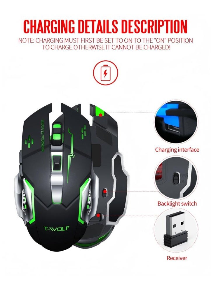 Q13 Silent Wireless Three Mode Mouse，Bluetooth/2.4G Wireless Gaming Mouse,for Gaming/Work, Computer Mice with USB Receiver，7-Color Backlight, 6 ons，Black - Image 4