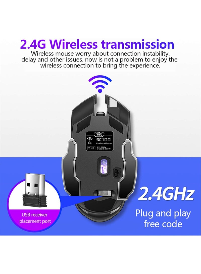 Q13 Silent Wireless Three Mode Mouse，Bluetooth/2.4G Wireless Gaming Mouse,for Gaming/Work, Computer Mice with USB Receiver，7-Color Backlight, 6 ons，Black - Image 5