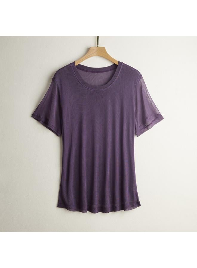VUELO Silk Mesh T-shirt Women's New Mesh Mulberry Silk Solid Color Round Neck Short Sleeve Top Large Size Base Shirt 