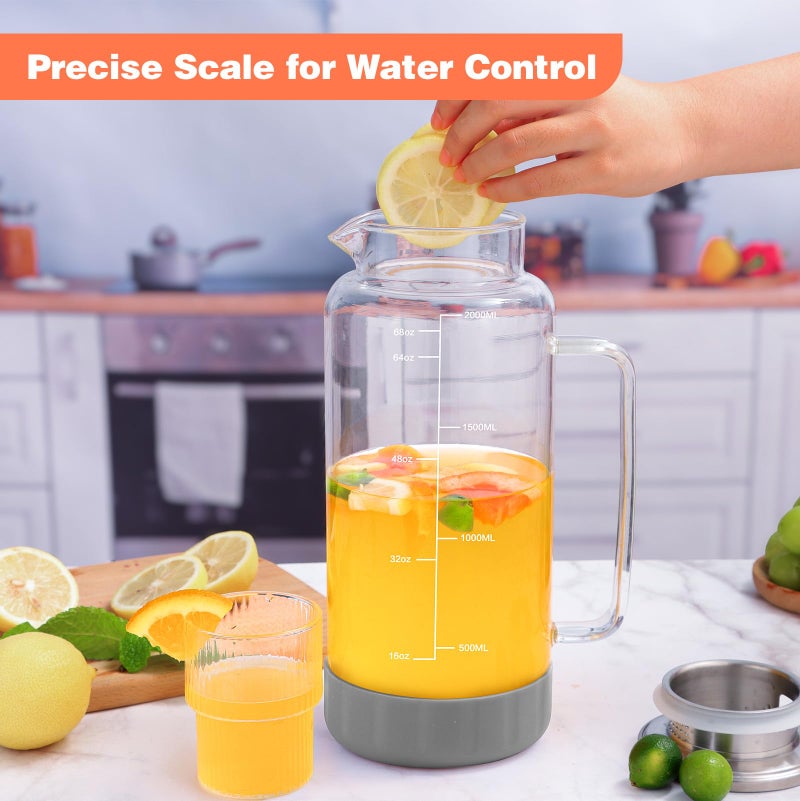 Aofmee 68oz Glass Pitcher with Lid, 2 Liter Water Carafe with Silicone Base and Precise Scale Line, Ice Tea Pitcher for Fridge, Anti-Slip Glass Jug for Sun Tea Juice Coffee Milk Beverage (Gray) - Image 3