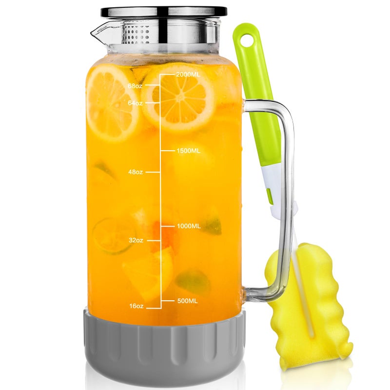 Aofmee 68oz Glass Pitcher with Lid, 2 Liter Water Carafe with Silicone Base and Precise Scale Line, Ice Tea Pitcher for Fridge, Anti-Slip Glass Jug for Sun Tea Juice Coffee Milk Beverage (Gray) - Image 1