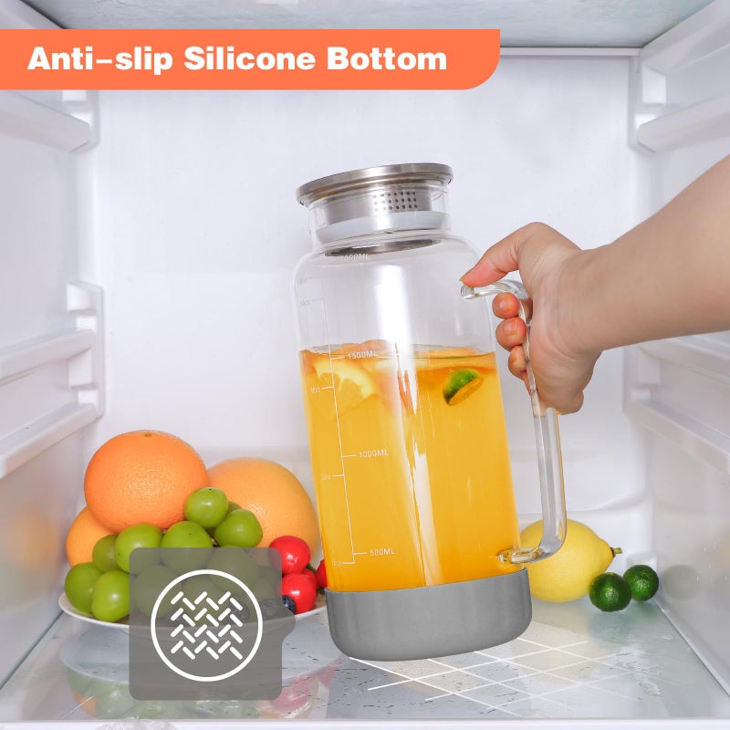 Aofmee 68oz Glass Pitcher with Lid, 2 Liter Water Carafe with Silicone Base and Precise Scale Line, Ice Tea Pitcher for Fridge, Anti-Slip Glass Jug for Sun Tea Juice Coffee Milk Beverage (Gray) - Image 2