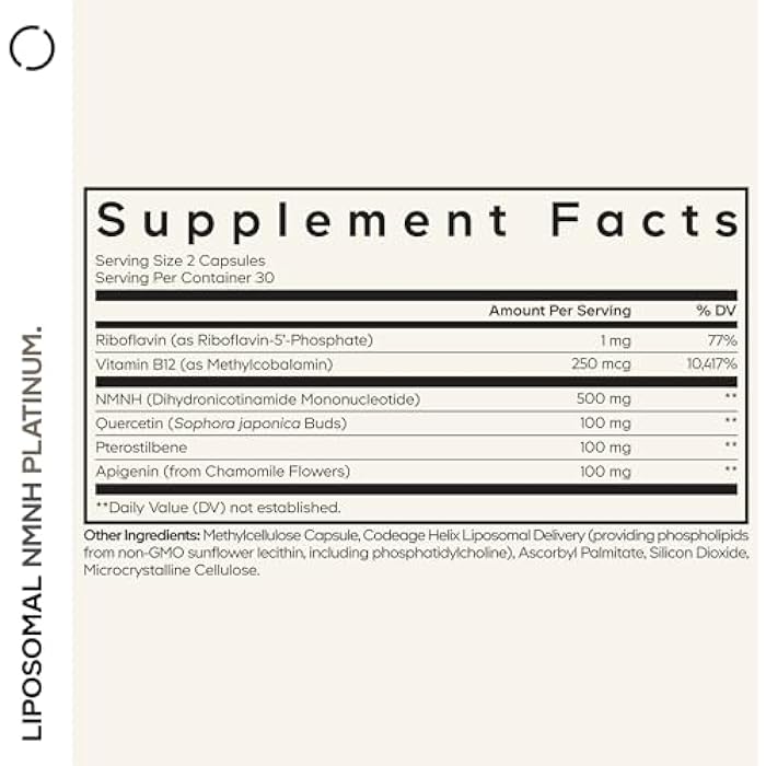 Codeage Liposomal NMNH Platinum - 500 mg NMNH Supplement, NAD+ Precursor with Quercetin, Pterostilbene, Apigenin, Active B Vitamins B2 Riboflavin & Vitamin B12 Methylcobalamin - Non-GMO - 60 Capsules - Image 2