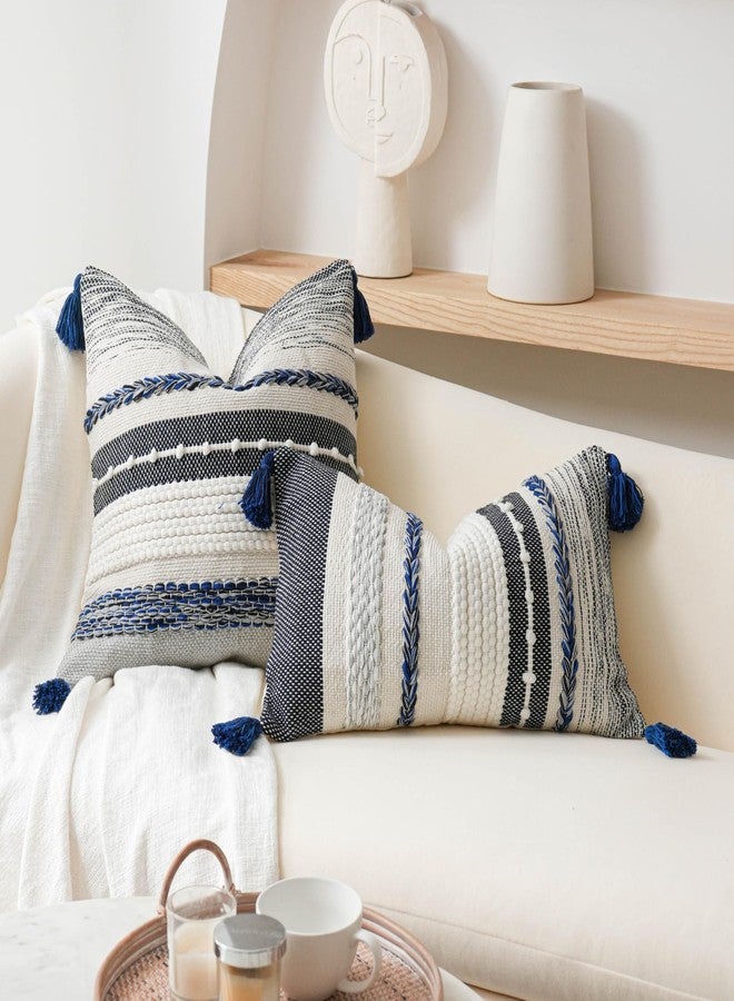 BlissBlush Navy Dark Blue Decorative Throw Pillow Cover 18x18 Square Boho Accent Pillowcase Tassels Farmhouse Cushion for Couch Sofa Bedroom Living Room Home Décor Cover ONLY - Image 4