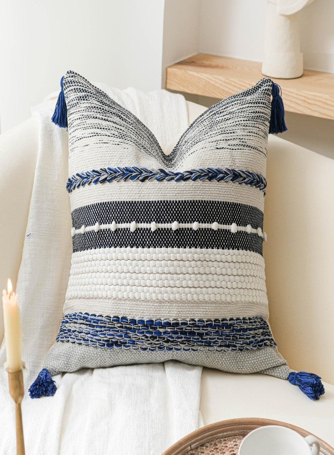 BlissBlush Navy Dark Blue Decorative Throw Pillow Cover 18x18 Square Boho Accent Pillowcase Tassels Farmhouse Cushion for Couch Sofa Bedroom Living Room Home Décor Cover ONLY - Image 1