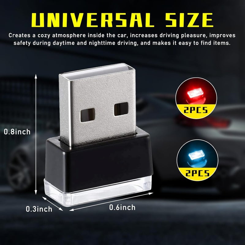 Augeny 4 PCS USB LED Car Interior Atmosphere Lamp, Plug-in USB Decor Night Light, Portable Auto Ambient Lighting Kit, Universal Vehicle Interior Accessories for Most Cars (2 Red+2 Ice Blue) - Image 2