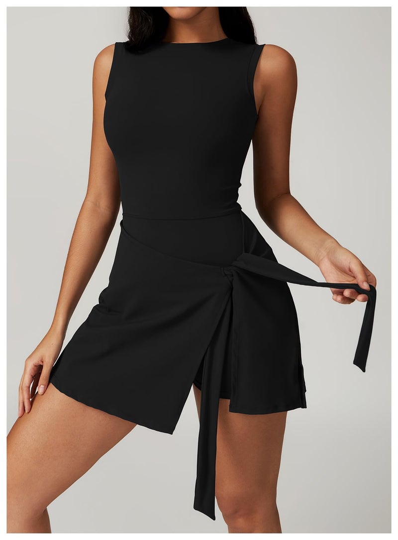 AGYMNX Tennis Dress for Women Athletic Dress with Built in Shorts Sleeveless Side Slit Golf Dress Workout Backless Dresses Black S - Image 4