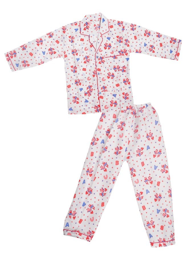 Malvina Printed Coloured Cotton Night Suit for Girls|Boys (6-12 Months) White