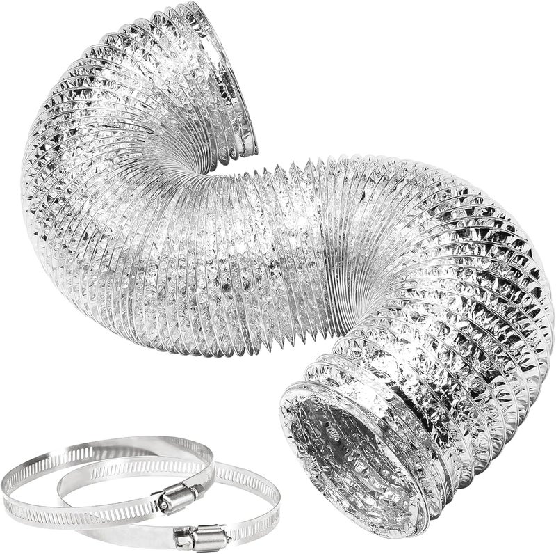 Simple Deluxe 4 Inch 8 Feet Ducting, Non-Insulated Flex Air Aluminum Ducting Hose, Drying And Exhaust For Hvac Ventilation, 2 Clamps Included, Silver - Image 1