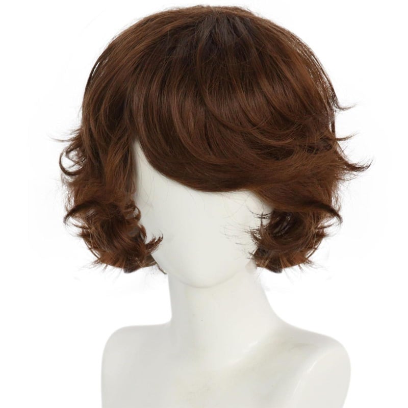 ANOGOL Hair Cap Short Brown Curly Wig Men with Bangs Shaggy Fluffy Messy Wig for Anime Cosplay Costume Party Halloween