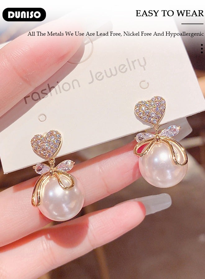 DUNISO Women's Pearl Hoop Earrings,Fashionable Lightweight Earrings,Full of diamond pearl Earrings,Simple Pearl Drop Earrings, Dainty Elegant French Stud Earrings, Hypoallergenic Pearl Earring for Women Girls  - Image 2