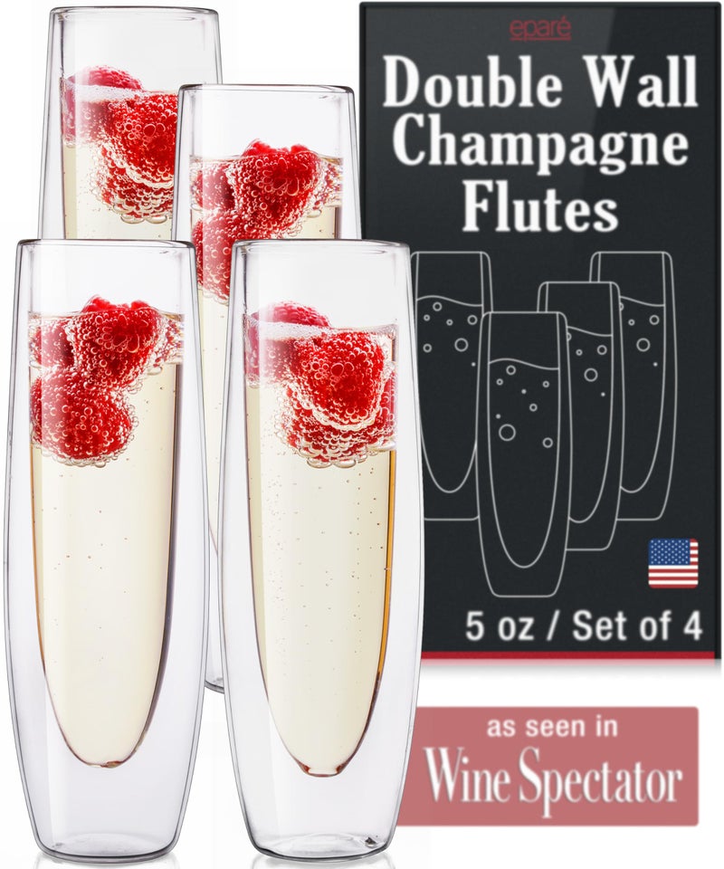 Epar Stemless Champagne Flutes Glass  Set of 4 Double Wall Champagne Glasses for Mimosas Prosecco and Cocktails  Modern Lightweight Glass Stemless Flute Glasses for Celebrations