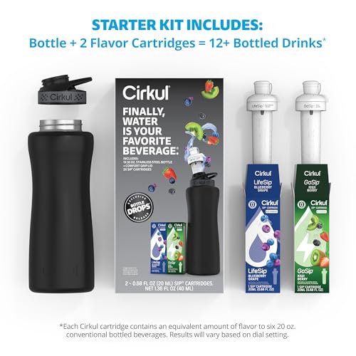 Cirkul 32oz. Matte Black Stainless Steel Water Bottle Starter Kit with Black Lid and 2 Flavor Cartridges (1 LifeSip Blueberry Grape, 1 GoSip Kiwi Berry) No Sugar, Zero Calorie Drink Mix - Image 3