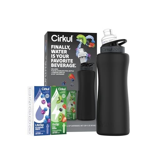 Cirkul 32oz. Matte Black Stainless Steel Water Bottle Starter Kit with Black Lid and 2 Flavor Cartridges (1 LifeSip Blueberry Grape, 1 GoSip Kiwi Berry) No Sugar, Zero Calorie Drink Mix - Image 2