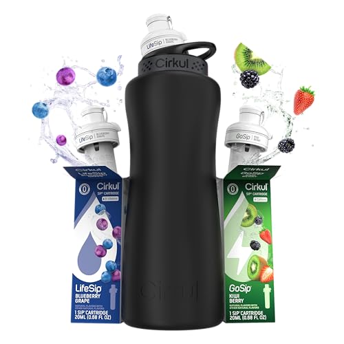 Cirkul 32oz. Matte Black Stainless Steel Water Bottle Starter Kit with Black Lid and 2 Flavor Cartridges (1 LifeSip Blueberry Grape, 1 GoSip Kiwi Berry) No Sugar, Zero Calorie Drink Mix - Image 1