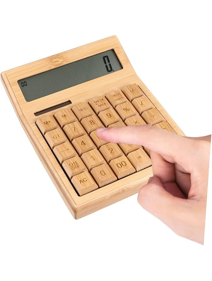 Portable Solar Bamboo Calculator 29 Key Dual Power Brown 17 5 13cm Office Lightweight - Image 1