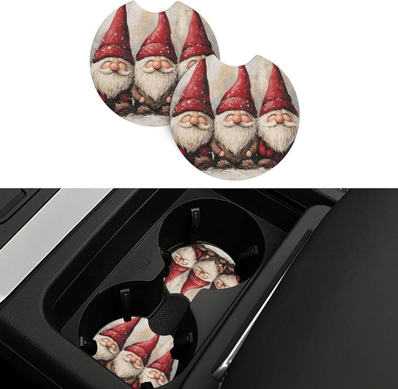Xmas Funny Gnomes Non Slip Absorbent Car Cup Holder Coaster Insert 2 Pack Universal - Image 1
