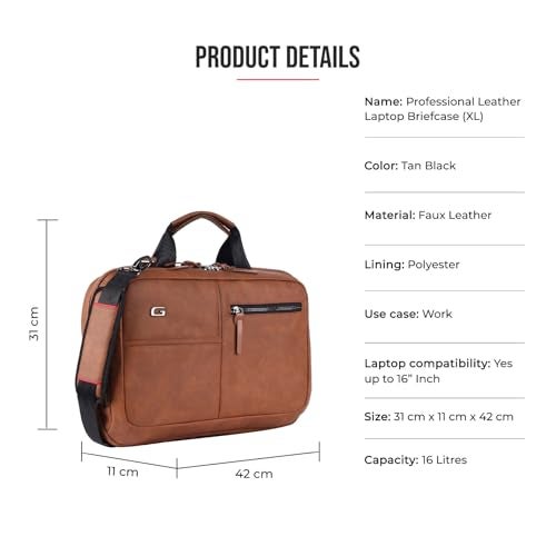 Gear Professional 10L/11" Faux Leather Water Resistant Laptop Briefcase/Office Bag/Laptop Messenger For Men/Women (Tan - Black) - Image 3