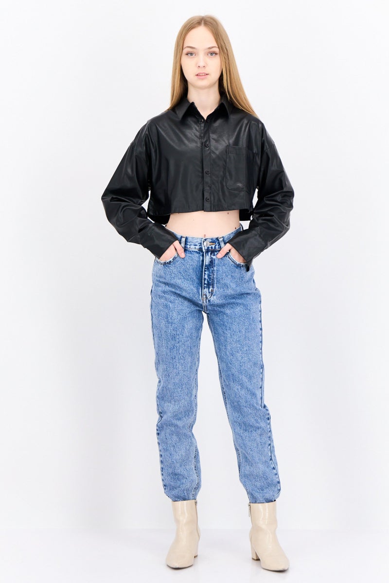 NIA Women Spread Collar Long Sleeve Plain Shirt Top, Black - Image 4